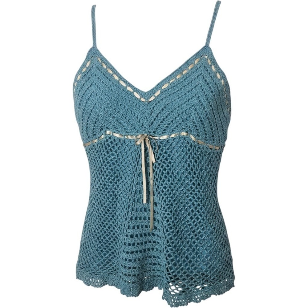 Blue Crochet Camisole Top Women L Ribbon Empire Waist Boho Y2K‎ Mermaid Festival
